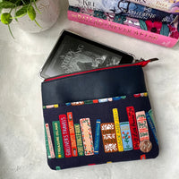 Gold Metallic Bookshelf on navy e-reader Zippered Sleeve