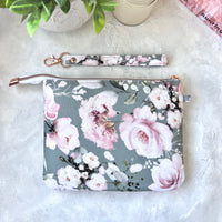 Pink & Grey Floral e-reader Zippered Sleeve with wristlet strap