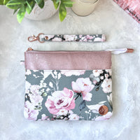 Pink & Grey Floral e-reader Zippered Sleeve with wristlet strap