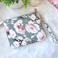Pink & Grey Floral e-reader Zippered Sleeve with wristlet strap