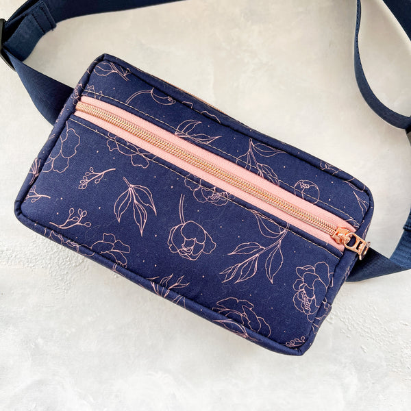 Rose Gold Floral & Navy Canvas Large Crossbody Bag