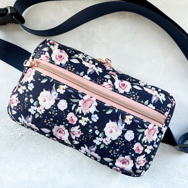 Pink & Navy Floral Canvas Large Crossbody Bag