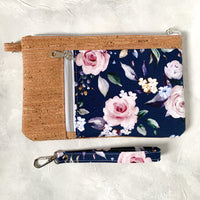 Navy and Pink floral & Cork Zippy Clutch