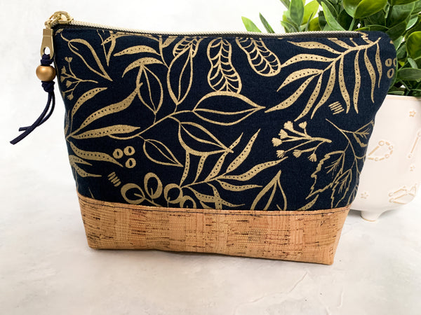 Midnight and Metallic Gold Botanical & Gold Cork - Cosmetic - Travel - Craft  Zipper Bag