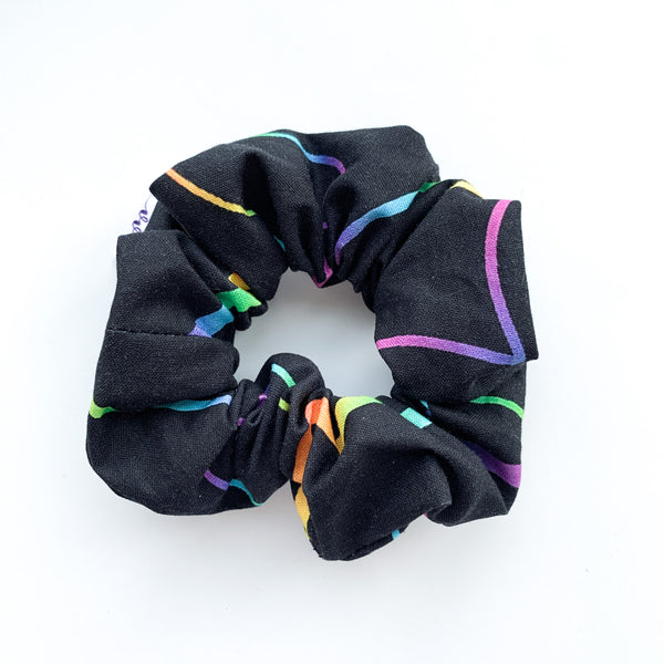 Rainbow Hearts on black Scrunchie