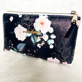 Small Faux Leather Zipper Bag -  Navy & Pink Floral