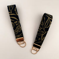 Midnight and Metallic Gold Botanical Fabric Keychain Wristlet