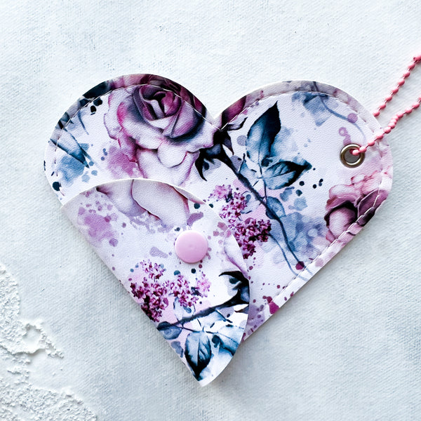 Faux Leather Heart Pouch - Blue & Purple Floral