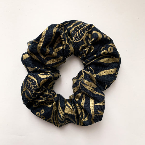 Midnight and Metallic Gold Botanical Scrunchie