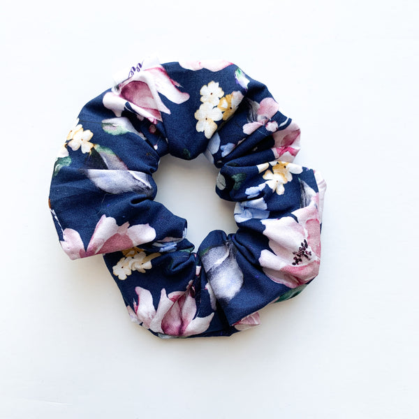 Pink & Navy Watercolor Floral Scrunchie
