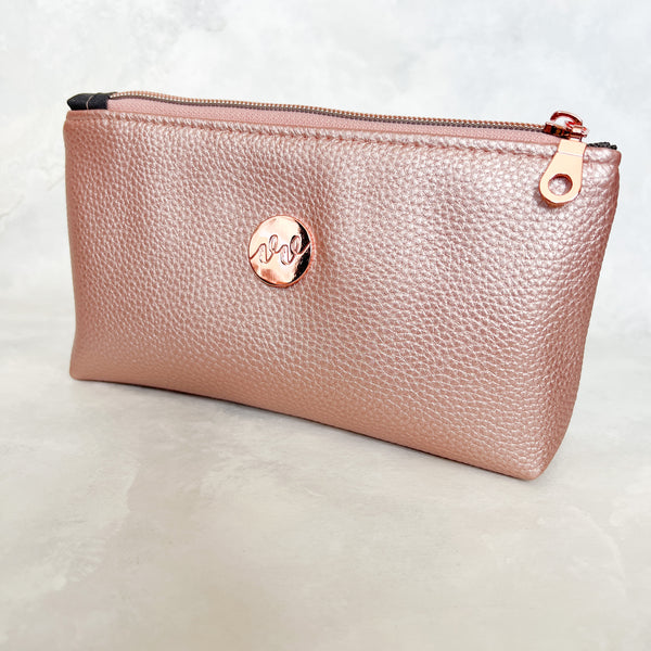 Small Faux Leather Zipper Bag -  Rose Gold Metallic