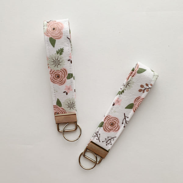 Rose Gold Metallic Floral Fabric Keychain Wristlet
